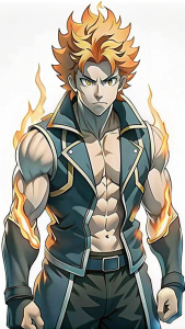 (64k HDR, close up angle Character warrior, muscle man warrior, mortal kombat anime style, 90 degrees).  
Name: Blaze Infernus
Skin color: Fiery red
Hair color: Bright orange
Haircut Style: Flame style
Clothing:
Top: Black sleeveless jacket with red flame accents.
Bottom: Black shorts with orange accents
Shoes: Black flame boots Black outlines, line art, white background.