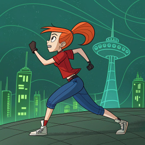 Kim Possible, animated character, in action pose, blue capri pants, red shirt, orange hair tied in a ponytail. Virtual world background, green neon cityscape.