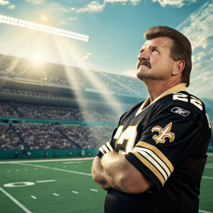 Mike Ditka, sporting a thick mustache, standing confidently in a New Orleans Saints jersey. Backdrop of a sunny stadium