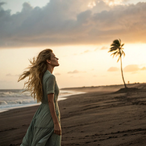Blake Lively, standing alone on a desolate beach at sunset. Long blonde hair flowing freely with the ocean breeze. Behind her, an endless horizon of waves and sky, with a lone palm tree swaying in the background.