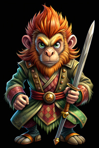 cartoon character of  the barber Haggis Mcmutton of  the videogame The Monkey Island, with perfect sword,  full body, comic ,style pop art, style, graffiti style,  style watercolor, black background, ready for print t-shirt, style art fabric
