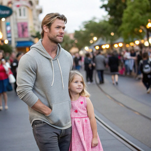 Chris Hemsworth and his daughter India Rose Hemsworth at a family event. Chris in a casual grey hoodie, India in a pink dress. Crowded street in the background.
