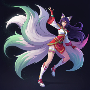 Ahri, the spirit fox from League of Legends, poses dynamically against a black backdrop. Her vibrant colors, including shades of purple, white, red, and green, contrast sharply with the dark background.