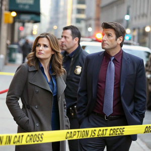 A scene from the TV show 'Castle'. Detective Kate Beckett, Richard Castle, and Esposito at a crime scene. Pictured against a bustling city street, with caution tape and a police barrier