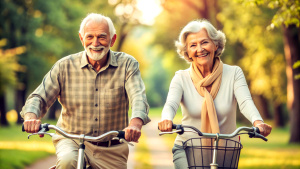 Cheerful active senior couple with bicycle in public park together having fun lifestyle. Perfect activities for elderly people. Happy mature couple riding bikes, bicycles in park