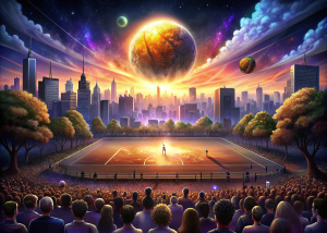 a volleyball court  with audience and a background city only daytime adding a meteorite in basketball ball add some audience