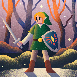 Digital art showcasing Link from The Legend of Zelda: Twilight Princess. Heroic stance, mystical forest background