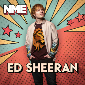 Promotional poster for NME. Ed Sheeran stands against a vibrant comic book backdrop. A lion-like illustration adorns his chest. Dynamic graphics and bold text highlight his musical achievements.