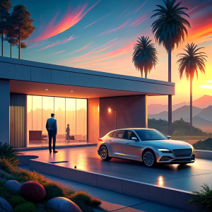 As the sun sets, the commercial begins with an Audi parked in an interesting space in the city. A couple in their late 30s, both tired from a long day at work, approach the car. The husband opens the Audi door for his wife, inviting her into the luxurious environment. Soft interior lighting enhances the elegance of the scene.