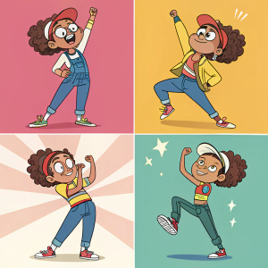 Elaina, a character from a webcomic, illustrated in vibrant colors. She performs a series of dynamic actions across multiple panels. Each panel captures a different emotion and pose.