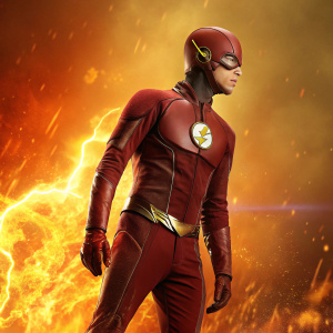 Barry Allen, The Flash, in a dynamic promotional image. He stands confidently in a red suit with a lightning bolt emblem, amidst a fiery backdrop of orange and yellow flames. The image highlights upcoming episodes and the broadcasting network.