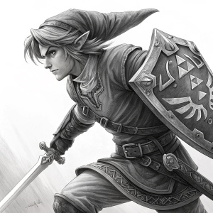 Concept art of Link from 'The Legend of Zelda: Twilight Princess'. Highly detailed, black and white illustration. Dynamic pose with emphasis on movement and outfit details. White background.