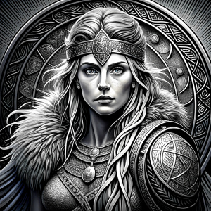 shieldmaiden perfect realistic art, high-definition, high-definition grey and black, white background 