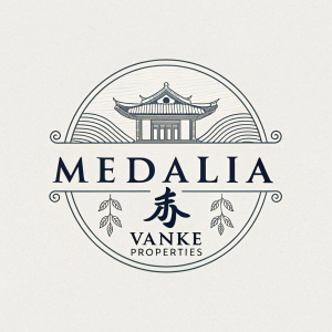 Medalia, a subdivision of Vanke Properties, showcases a logo merging Eastern and Western design elements. The logo features sleek, modern sans-serif text 'MEDALIA' alongside flowing Chinese calligraphy, set against a monochromatic grey backdrop.