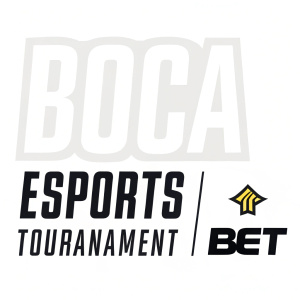 Vector graphic design. Bold 'Boca Esports' in white letters with 'Tournament' in smaller black font. Logo of 'Bet' company on right side. Simple, clean layout.
