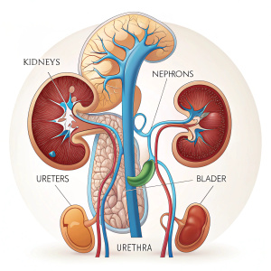 Illustration of the urinary system. Components: kidneys, urine, nephrons, ureters, bladder, urethra.