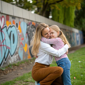 Elliana, blonde, in a white shirt and brown pants, hugs Annelise, who wears a striped shirt and blue jeans. They are in a park with a graffiti-covered concrete wall behind them.
