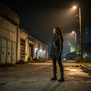 Cynthia Addai-Robinson as Agent Nadine Memphis. Standing alone in an abandoned warehouse. Dark night setting with dim streetlights casting long shadows