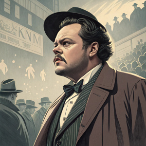 Orson Welles depicted in a dynamic, vintage-style poster for 'Citizen Kane'. Muted color palette, stylized background with a crowd and dramatic composition.