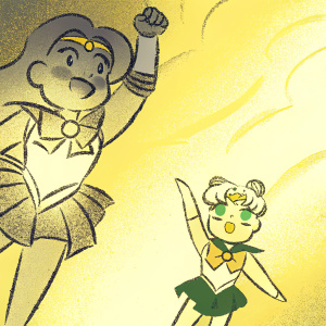 Fan art of Sailor Juno and Chibi Moon from Sailor Moon series. Abstract, sketch-like style. Dynamic poses, detailed features. Green, white, brown color palette.