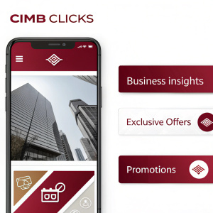 Revamped front page of CIMB Clicks app. Sleek design, featuring brand logo at top. Key sections include business insights, exclusive offers, and promotions. Maroon and white palette with red highlights for visual appeal. Clear layout prioritizes user navigation.