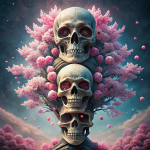 "Un diseño que presenta tres cráneos apilados verticalmente, uno encima del otro, entre las ramas del arbol de cerezo, en el centro de la composición. Estos cráneos están rodeados por un exuberante árbol de cerezo en plena floración, con sus flores de cerezo rosadas que caen y rodean los cráneos. La combinación de los cráneos y las flores de cerezo crea un contraste intrigante entre la vida y la muerte, mientras que la disposición vertical de los cráneos agrega un sentido de jerarquía y profundi