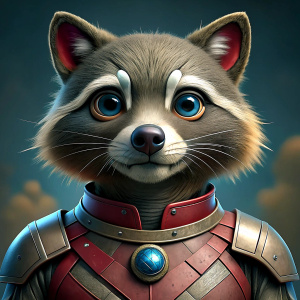 A middle aged raccoon wearing a iron man