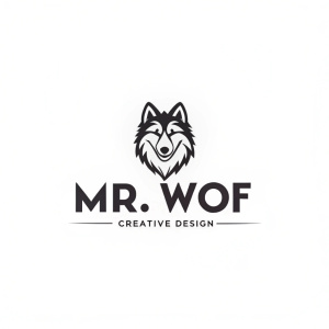 The Mr. Wolf Creative Design logo. A sleek, minimalist wolf's head in black and white atop modern text in a bold sans-serif font.