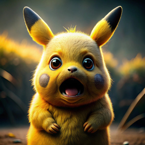 A caricature. Pokemon Pikachu with a shocked expression, Ultrarealism