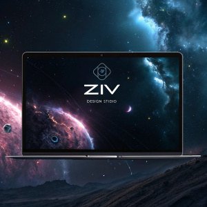 Homepage for Ziv Design Studio. Modern logo centered. Cosmic background with dark shades and nebulous shapes. Futuristic and creative style.