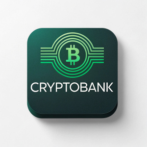 Square-shaped logo for CryptoBank. Modern, sleek design with green hues. Bitcoin symbol integrated into logo. Text 'CryptoBank' in clean, contemporary font.