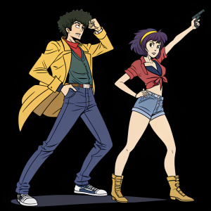 Spinning line art animation of Spike Spiegel and Faye Valentine from Cowboy Bebop. They're standing in dynamic poses with exaggerated facial expressions, set against a solid black background.