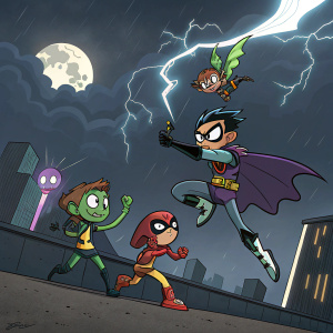 Teen Titans Go! gang in action. Cyborg, Robin, Raven, Starfire, and Beast Boy on an adventure. Dark, stormy night background