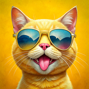 A yellow cat with sunglasses, Licking Himself.