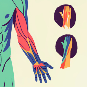 Digital illustration of male arm anatomy by Nelli Ponomareva. Detailed study of muscle structure. Close-up views showcasing musculature and form. Reference section includes grayscale depictions of arm sculpt at various stages. Dark background.
