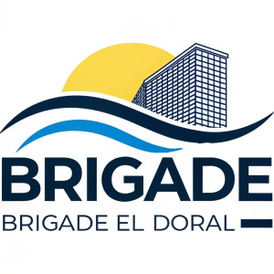 The Brigade logo features wavy blue lines and a vibrant yellow circle. The text 'Brigade' in bold black font, alongside 'Brigade el Doral', showcases a sleek side building mesh design from Bangalore, embodying a contemporary and minimalist style.