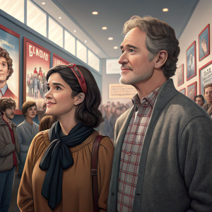 Phoebe Cates and Kevin Kline attending the premiere of a new film. They stand in a brightly lit room, surrounded by movie posters and fans. Phoebe wears a brown blouse with a dark scarf and headband, while Kevin sports a gray sweater and plaid shirt.