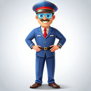 un señor vestido de uniforme azul, con gorra roja, lentes animado cuerpo completo






