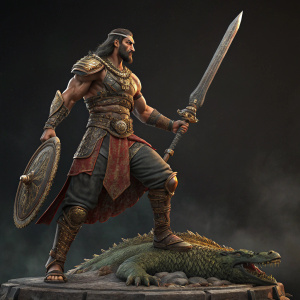 3D model of Ghatotkach, a character from Indian mythology, with detailed armor and muscular form. He holds a giant sword in one hand, standing on a platform with a crocodile-like creature. The dark background enhances the figure's dramatic presence.