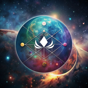 A logo of a  Cosmic Catalyst company 
Celestial elements (stars, planets) converging into a central point.
