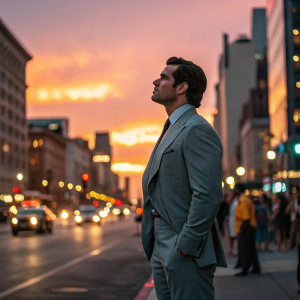 Henry Cavill, in a stylish grey suit, standing alone on a bustling city street at sunset.