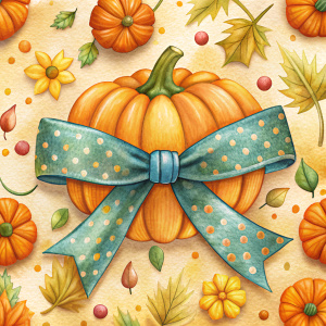
cute ribbon with bow on white background, pumkin  pattern
