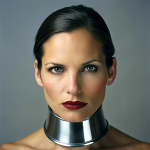 40 yo brunette wearing snug crome metal collar around throat. Dark red lipstick.