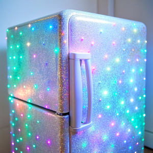 night cute very bright ultra white Bioluminescent real kitchen appliances  close up ultra  ultra glitter sequin texture ultra soft contrast color transitions   diamond texture sequin  print in ice    ultra Glitz Sequin   ultra glam Holographic glossy Bioluminescent made of  glass magic colorful 