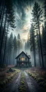 close up an ominous abandoned house in the thicket of the forest at dusk, fog