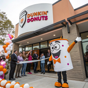 Celebratory opening of a new Dunkin' Donuts location. Cheerful crowd with a large Dunkin' Donuts mascot waving. The scene includes balloons and a prominent sign.