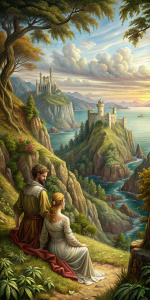 A realistic renaissance painting scene showing a couple sitting on a grassy cliff near the coast, a beautiful mysterious forest in the background and a overgrown hill with a tiny castle on top in the further distance, Paolo Veronese painting, desaturated realistic colourpalette