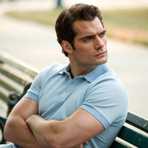 Close-up portrait of Henry Cavill. He's wearing a light blue polo shirt, sitting confidently on a park bench. Softly blurred background.