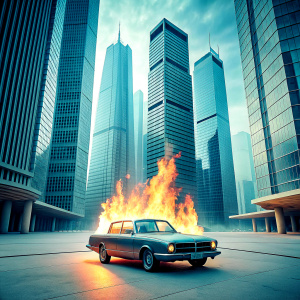 Burning Retro car standing in the middle of deserted modern futuristic city, photorealism, wide angle lens, sharp photo, professional photo, 8k, 

