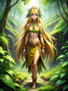 Personaje de un videojuego estilo anime manga, en la selva amazónica, femenino de piel clara y cabello amarillo largo, rol de chamana, es importante que se le vean los pies.